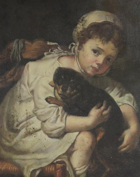 A reproduction simulated oil of a child and dog, 24 x 19cm